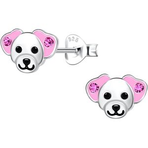 Joy|S - Zilveren hond oorbellen - zilver met roze oortjes met kristal - 9 x 6 mm - kinderoorbellen