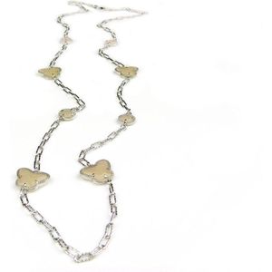 lange zilveren halsketting collier halssnoer gerhodineerd Model Vlinder en Bol met beige stenen