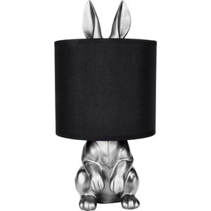 BRUBAKER Tafel- of Nachtlamp Zilver Konijn - Tafellamp met Keramische Voet en Stoffen Kap - 42 cm Hoog, Zwart Zilver