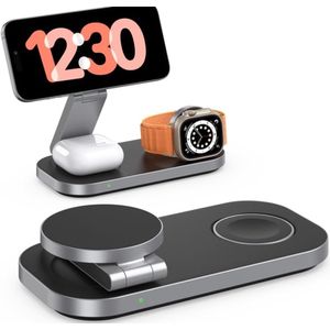 Cuhostki - 1 Stuk - 3-in-1 Draadloze Oplader - Draadloos Oplaadstation - Magnetische Oplader - 3-in-1 Magnetische Draadloze Oplader - Zwart - Metaal - MagSafe Compatibel - Opvouwbaar - Voor iPhone, AirPods, Apple Watch