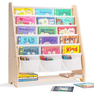 Montessori Massief Houten Kinderboekenkast W76 × H83 × D28 cm - Mijn Eigen Bibliotheek - Kinderboekenrek - Opbergkast - Solide Houten Boekenkast - Boekenkast kinderen - Boekenplank - Kinderkamer Kast - Opbergrek - Speelgoedkast【WonderMind WM-C003】