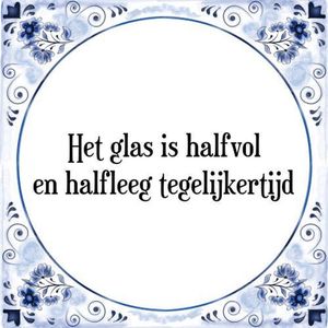 Tegeltje met Spreuk (Tegeltjeswijsheid): Het glas is halfvol en halfleeg tegelijkertijd + Kado verpakking & Plakhanger