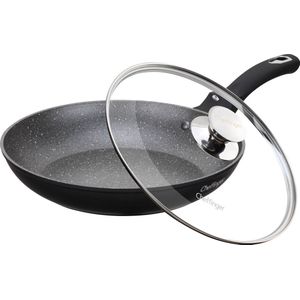 Cheffinger Koekenpan - met Deksel - Grillpan - Marmeren Coating -  28 cm - Zwart