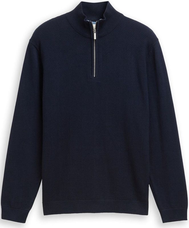 TOM TAILOR - Trui - Blauw - Recht Model - Halve Rits - Visgraat