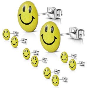 Aramat jewels ® - Ronde oorbellen smiley geel zilverkleurig staal 9mm