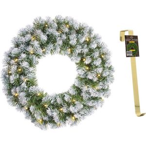 Kerstkrans/deurkrans groen met verlichting 30 lampjes en sneeuw 60 cm met gouden hanger - Kerstversiering/kerstdecoratie kransen