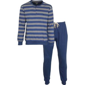 MEQ Heren Pyjama - Polo Sluiting - Beige Strepen - Blauw - Maat S