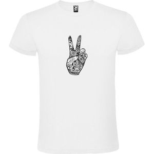 Wit T-shirt met Peace teken hand in Zwart en Wit size XS