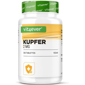 Koper - 365 tabletten met elk 2 mg - 1 jaarvoorraad - Hoge biologische beschikbaarheid - Kopergluconaat - Hooggedoseerd - Veganistisch - Zonder ongewenste toevoegingen | Vit4ever