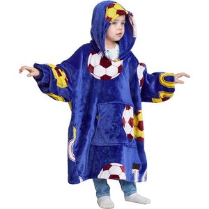Kinderhoodie-deken - oversized knuffelhoodie voor kinderen - meisjes en jongens - knuffelfleece draagbare deken - sherpa - wollige enorme capuchon - sweatshirt voor jongeren - Donkerblauw Soccerteam