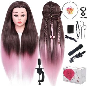 Kaphoofd oefenhoofd kapper mannequin hoofd pruikkop kunsthaar training houder roze 60 cm
