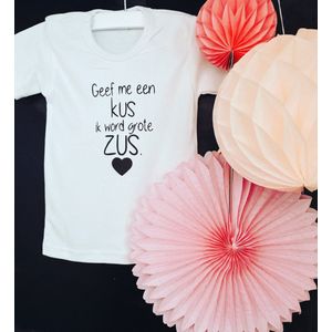 KLEINE FRUM - Geef me een kus ik word grote zus - shirt - wit - maat 68 tot 92 - zwangerschap aankondiging - bekendmaking - zwart - hartje - baby op komst