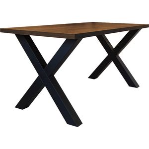 Dimehouse Eettafel Lenzo walnoot X-poot zwart 190 x 100 x 3,8 cm - 190 x 100 x 3,8 cm - Hout - Industrieel - Rechthoek