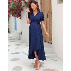 Zwangerschapsjurk voor dames, voedingsjurk met V-hals, zwangerschapsjurk met korte mouwen en bloemenjurk met ruches Marineblauw XL