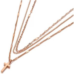 Set Ketting Dames- Layer 3 lagen- Stainless Steel- Rose Gold- Kruis- LiLaLove