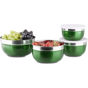 Relaxdays Schalenset 4-delig - gekleurde kommen - slakommen - keukenhulp - met deksel - groen