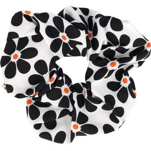 Haarsoires Haarelastiek Scrunchie – Bloemenprint – Gladde Stof – Wit Zwart - Haarkrinkel - Haar Elastiek met Stof - Zacht & Haarvriendelijk