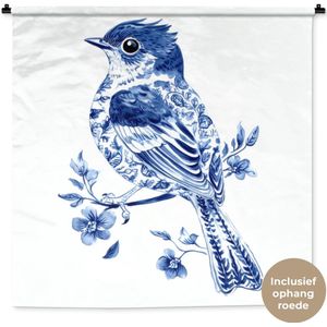 Wandkleed 150x150 cm - Wanddoek Vogel - Delfts blauw - Illustratie - Bloemen - Wandtapijt - Wandkleden