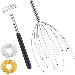 Hoofdmassageset met 20 roestvrijstalen klauwen voor hoofdhuidmassage en rugkrabben, inclusief 2 vingermassageringen. Verlichting van stress en hoofdpijn.