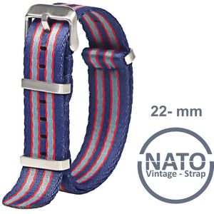 22mm Nato Strap BLAUW ROOD GRIJS - Vintage James Bond - Nato Strap collectie - Mannen - Horlogebanden - 22 mm bandbreedte