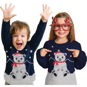Kersttrui voor Kinderen - IJsbeer Gebreide Wintertrui - Grappige Ugly Christmas Sweater voor Kerstmis - Blauw