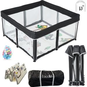 Lucellia® Grondbox baby - Inklapbare box - 125x125x66CM - Complete Set- INCL dubbelzijdig Speelmat & Extra Mat - Met Zuignappen- Speelbox - Kruipbox - Kinderbox - Baby box - Babypark - Playpen baby - INCL 50 Ballen- Met Draagtas - Zwarte Design