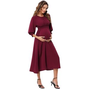 Korte mouwen zwangerschapsjurk voor dames, bedrukte zwangerschapsjurk met ronde hals en ruches Bordeaux XL