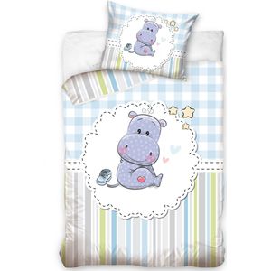 Nijlpaard Baby Dekbedovertrek, Blauw - 100 x 135 cm + 40 x 60 cm - Katoen