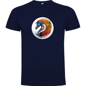 Donker Blauw T-Shirt met “Kleurrijk Yin Yang Paard“ Print Full Color Maat S