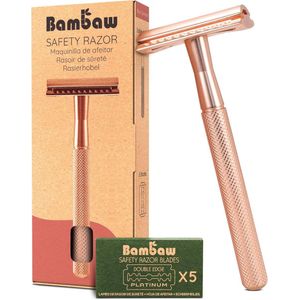Metalen Veiligheidsscheermes met 5 Scheermesjes - Roze Goud, Geschikt voor Nat Scheren, Duurzaam en Milieuvriendelijk