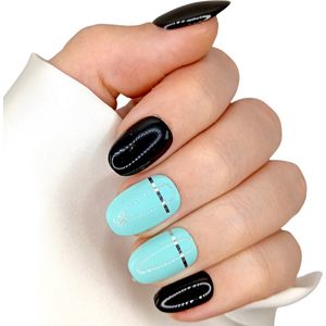SD Press on Nails - B-50 - Plaknagels - Nagelset 20 Nagels - Zwart blauw - Gellak - Nagellak - Kort Rond- Nageltips - Nepnagels met Lijm - Kunstnagels - Nail Art - Handmade - Valse nagels - Nagelvijl - Accessoires - Korte Nagels - Ronde nageltips