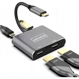 Zenwire Hub 4w1 - Hub USB-C - 2x HDMI 4K 30 HZ / Full HD 60 HZ - USB 3.0 - USB-C met ondersteuning voor Power Delivery 3.0 87W - Thunderbolt 3.0