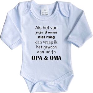 La Petite Couronne Romper Lange Mouw ""Als het van papa & mama niet mag dan vraag ik het gewoon aan mijn opa & oma"" Unisex Katoen Wit/zwart Maat 56