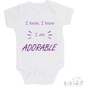 100% katoenen Romper "I know, I know I am ADORABLE" Meisjes Katoen Wit/paars Maat 56/62