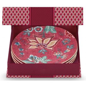 Pip Studio oriental flower festival dark pink - set van 4 bordjes 17cm - roze gebaksbordjes - cadeauset
