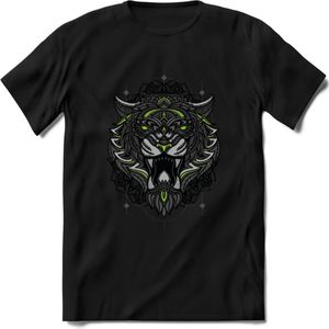 Tijger - Dieren Mandala T-Shirt | Groen | Grappig Verjaardag Zentangle Dierenkop Cadeau Shirt | Dames - Heren - Unisex | Wildlife Tshirt Kleding Kado | - Zwart - XL