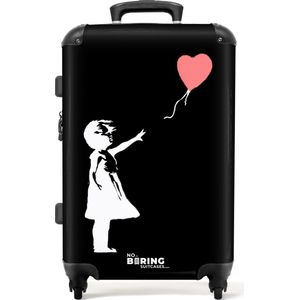 NoBoringSuitcases.com® - Koffer groot - Rolkoffer lichtgewicht - Meisje met rode hartjesballon in zwart-wit - Reiskoffer met 4 wielen - Grote trolley XL - 20 kg bagage
