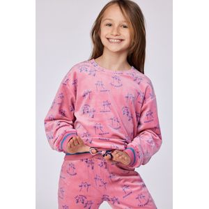 Woody pyjama meisjes/dames velours - roze - katten all-overprint - 252-10-YPE-V/951 - maat 128