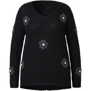MIAMODA - Dames - Pullover classic fit 3D-bloemen zijsplitten - Zwart - Maat 58+