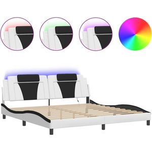 vidaXL - Bedframe - met - LED-verlichting - kunstleer - wit - en - zwart - 200x200 - cm