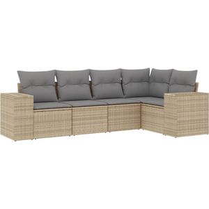 vidaXL - 5-delige - Loungeset - met - kussens - poly - rattan - beige