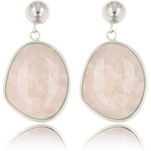 My Bendel - Zilverkleurige oorsteker met echte Rose Quartz edelsteen - Zilverkleurige Oorbel met Ronde Rose Quartz Hanger - Met luxe cadeauverpakking