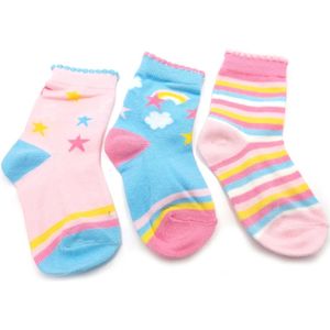 Kindersokken meisjes 3 paar pastelkleuren regenboog en sterren roze en blauw maat 15-18