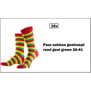 10x Paar sokken gestreept rood geel groen 36-41 - Thema feest party disco festival partyfeest carnaval optocht