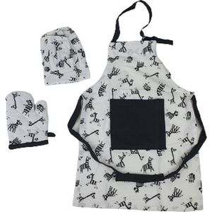 Kinderkookset met zebraprint - Wit / Zwart - Katoen - One Size - Set van 3 - Schort / Muts / Want - Koken - Set - Keukenset - Keuken - Bakken
