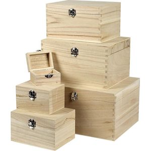 Set Houten Dozen, H: 5+7+9+11+13+15 cm, L: 8+11,8+15,8+20+24+27,7 cm, B: 5,8+8,8+12+15+18+21 cm, Keizerin Boom, 6 Stuk