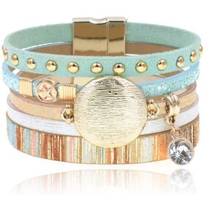 Blauwe multicolor leren dames armband Ibiza stijl met bedels en studs