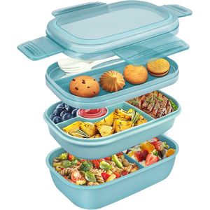 lunchbox, lunchbox met vakken voor kinderen en volwassenen, drielaagse lunchbox met 1900 ml, magnetronbestendige lekvrije bentobox (blauw)