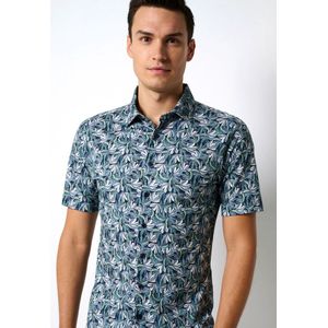 Desoto - Short Sleeve Jersey Overhemd Bloemenprint Blauw - Heren - Maat M - Slim-fit