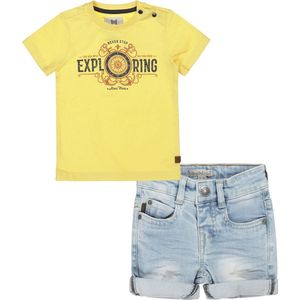 Koko Noko - Kledingset - Jongen - 2delig - Short Blue Jeans omslag - Shirt Yellow - Maat 116